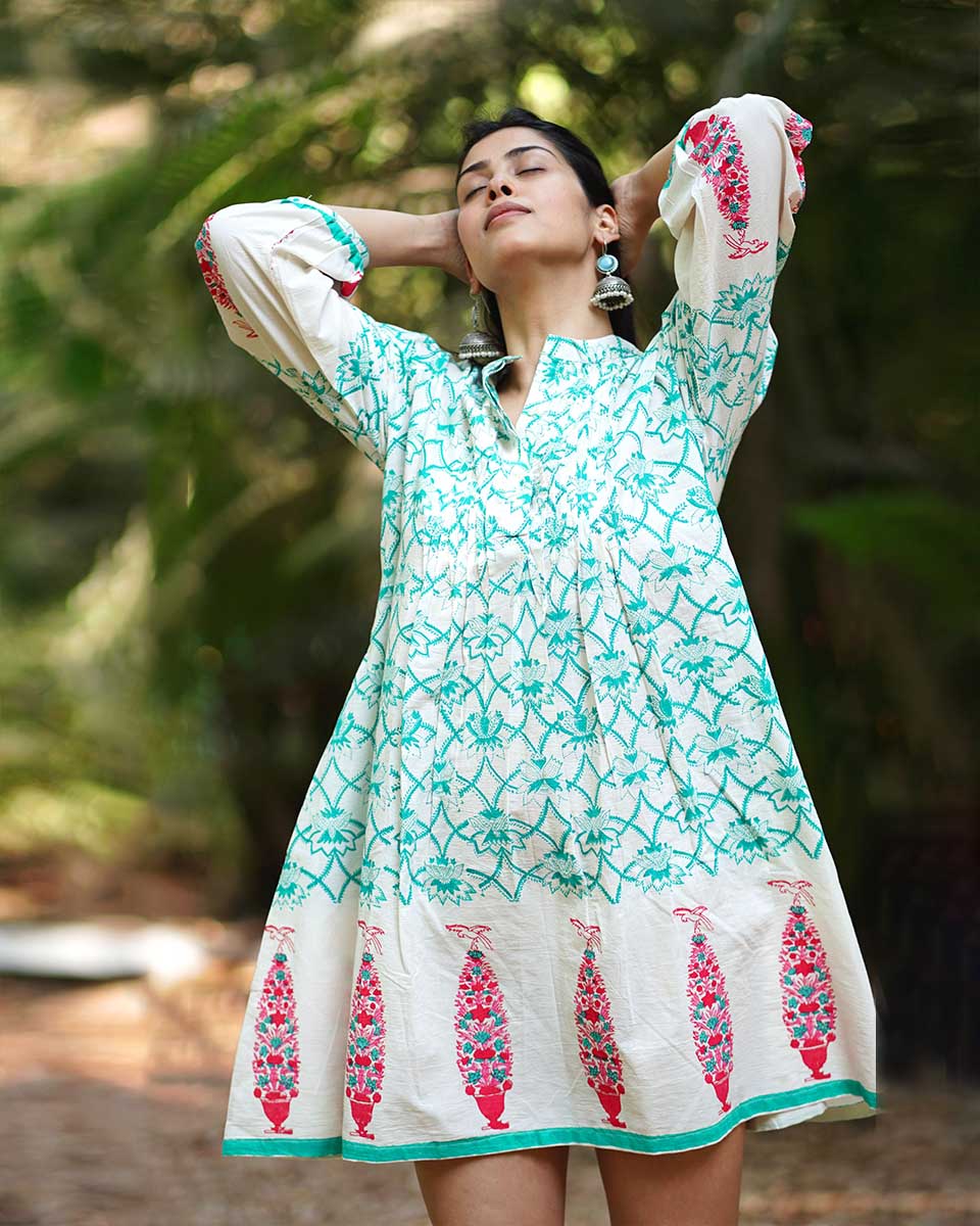Petunia’s Poise Teal Green Block Printed Cotton Dress - MMG