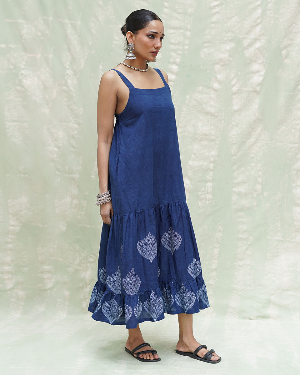 Bahar Blue Handblock Print Cotton Dress - INDI