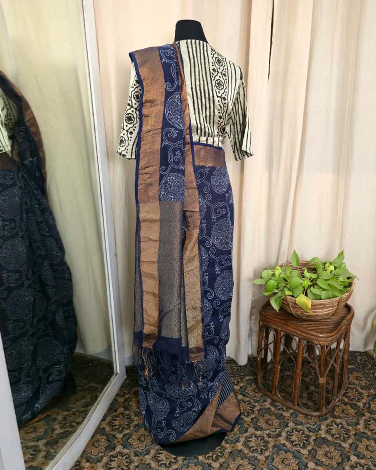 Gulika Blue handblock printed linen Saree - Love Despite