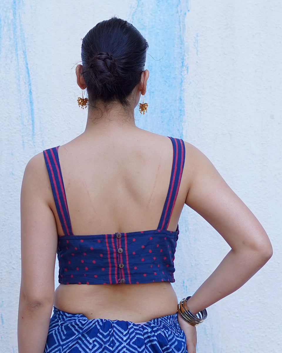 Playing till sunset Indigo Hand Block Printed Cotton Blouse - UMT