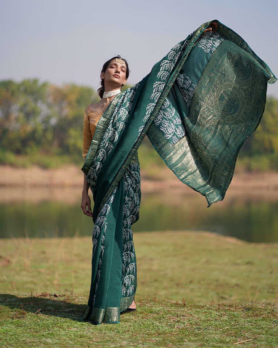 Madhurima Green Block printed Dola Silk Saree - RB