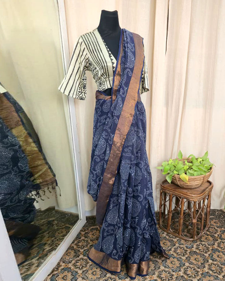 Gulika Blue handblock printed linen Saree - Love Despite
