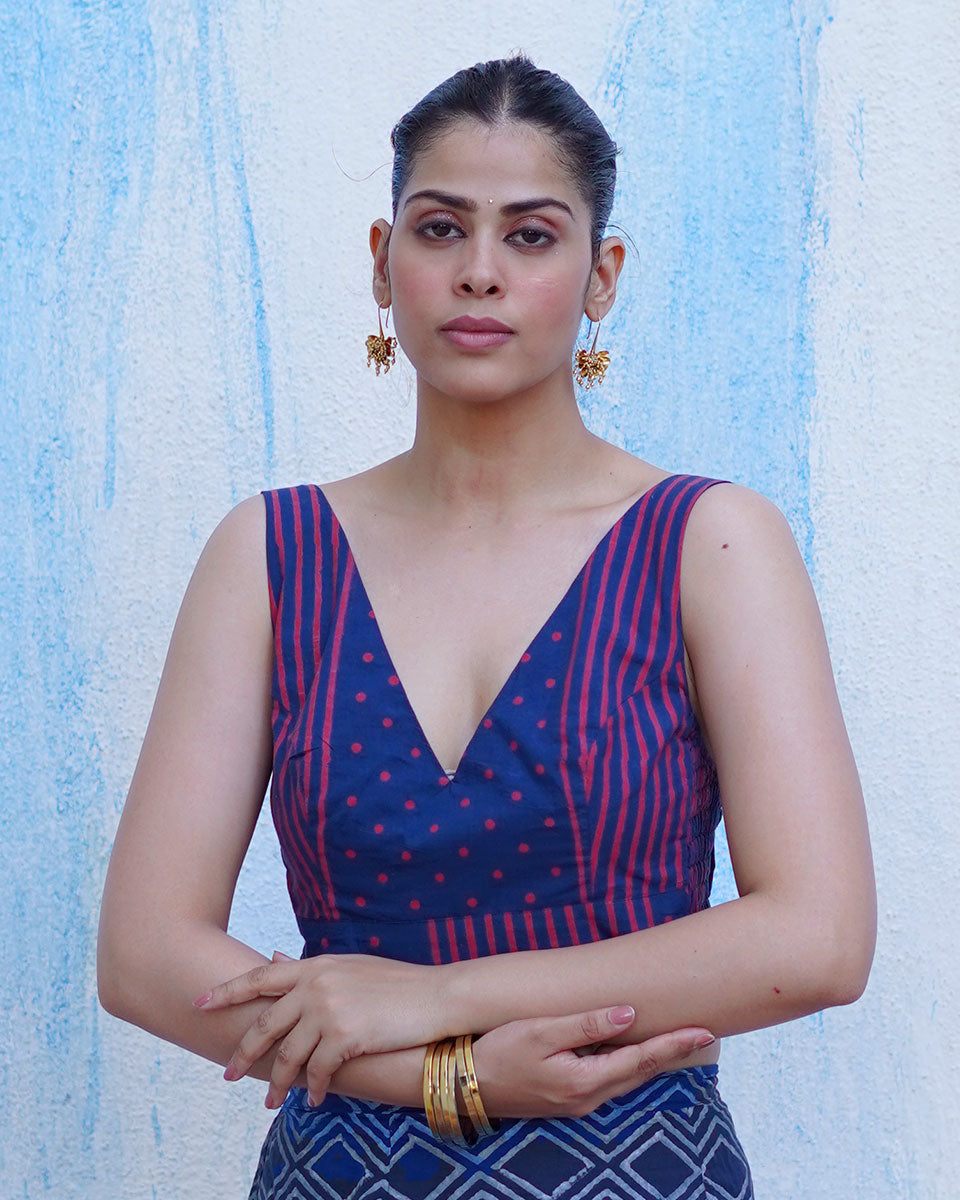 Playing till sunset Indigo Hand Block Printed Cotton Blouse - UMT