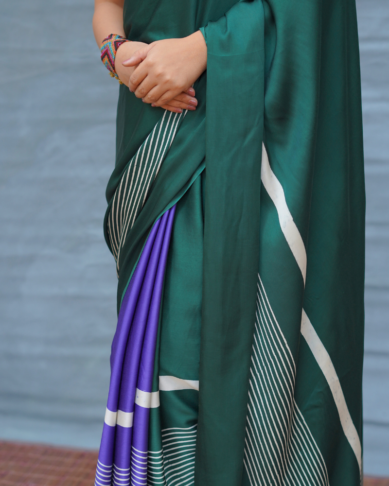 Slow Ripple Green Handblock Print Modal Silk Saree - Flow