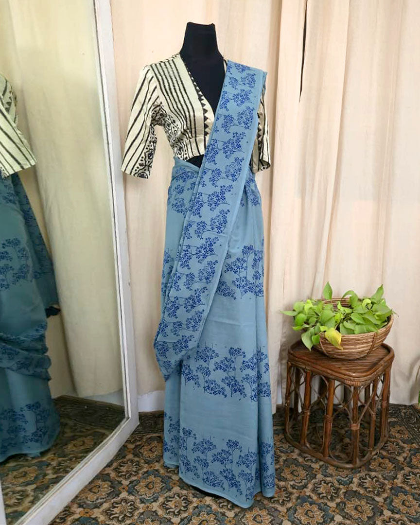 Mistleaf Hand block print Cotton Saree - Love Despite