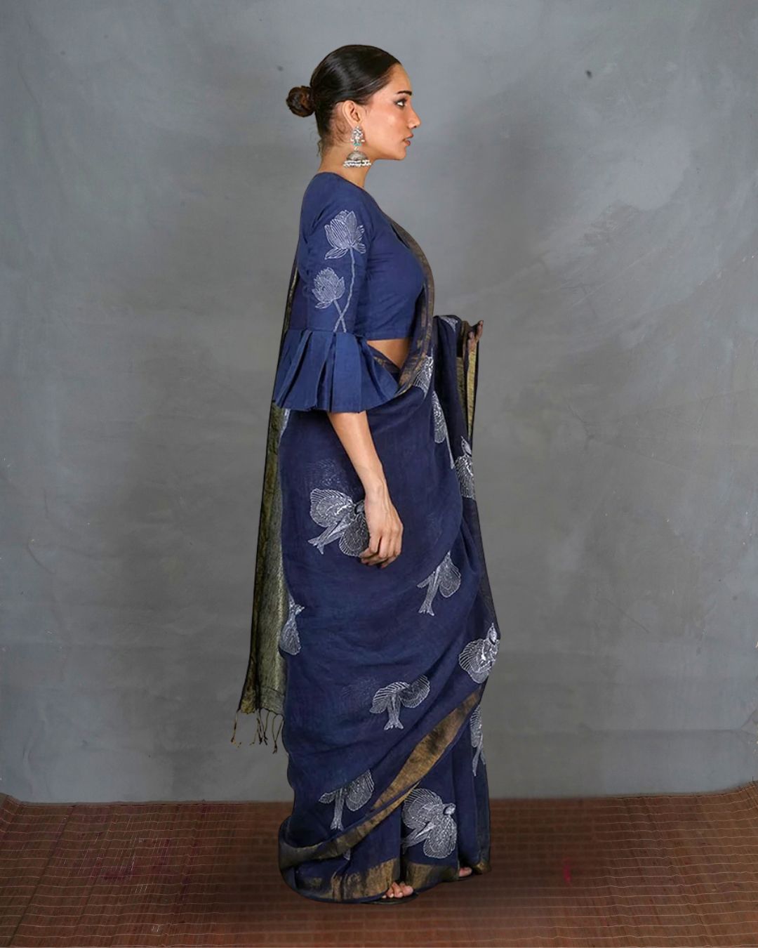 Rasiya Blue Handblock Print Linen Saree - INDI