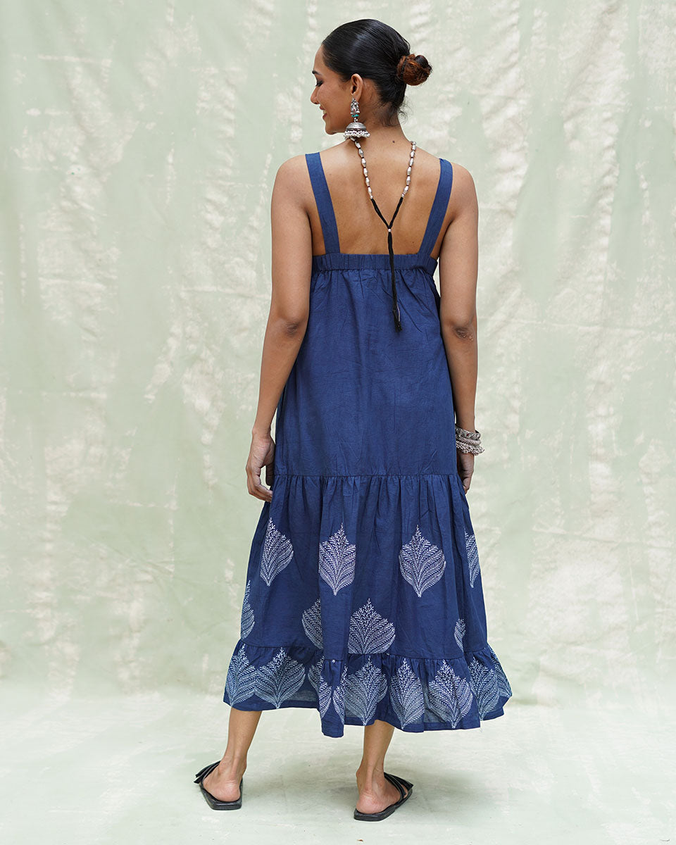 Bahar Blue Handblock Print Cotton Dress - INDI