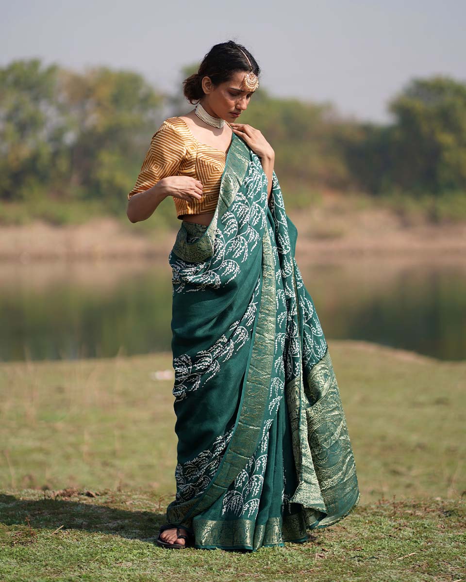 Madhurima Green Block printed Dola Silk Saree - RB