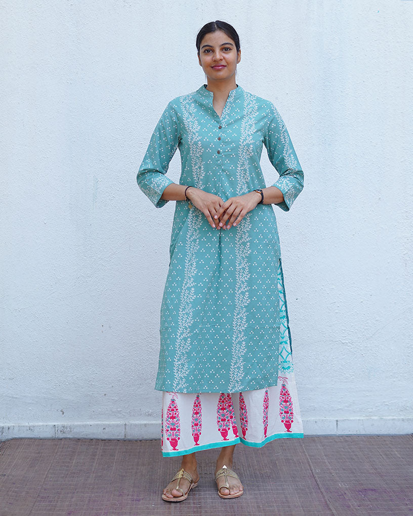 Bliss of Baby’s Breath Teal Green Block Printed Kurti - MMG