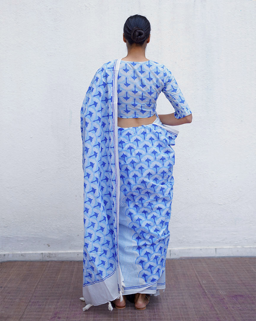 Maya Blue Hand Block Printed Saree-BAD