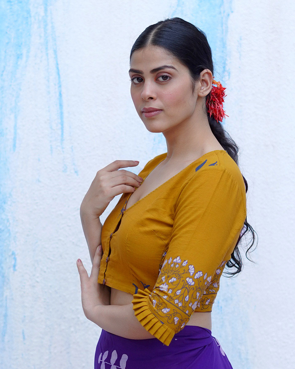 Pankhi Mustard Yellow Handblock Print Cotton Blouse - BFG