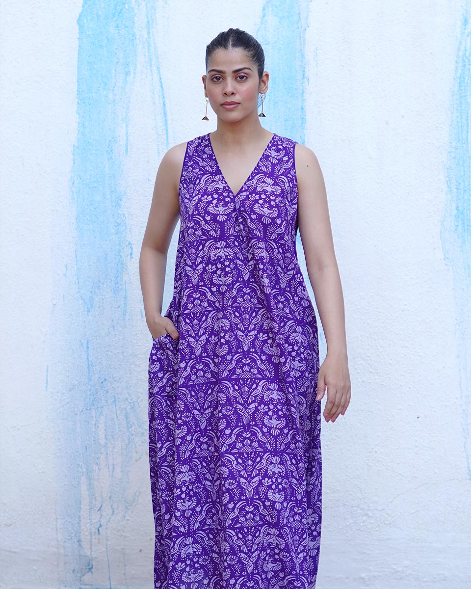 Tarang Purple Handblock Print Cotton Dress - BFG