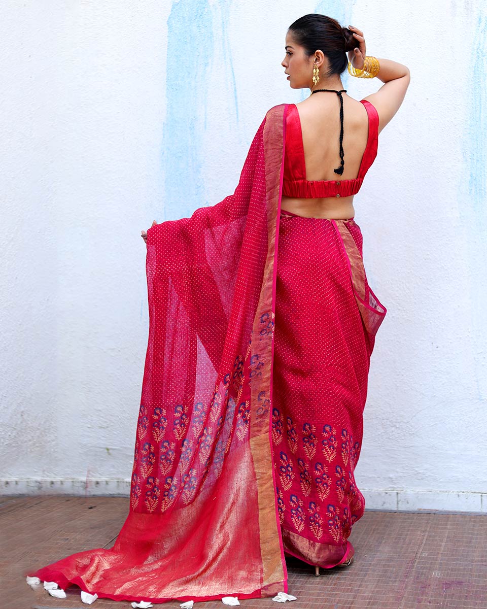 Mehr Pink Handblock Print Linen Saree - RSH