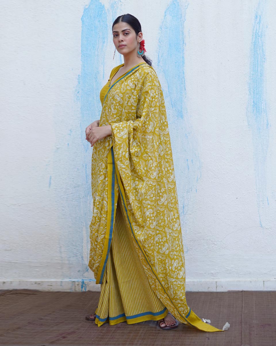 Pakhi Yellow Handblock Print Cotton Saree - BFG