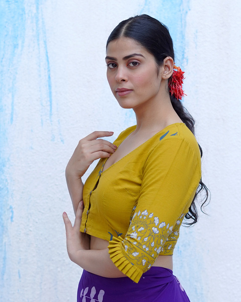 Pankhi Mustard Yellow Handblock Print Cotton Blouse - BFG