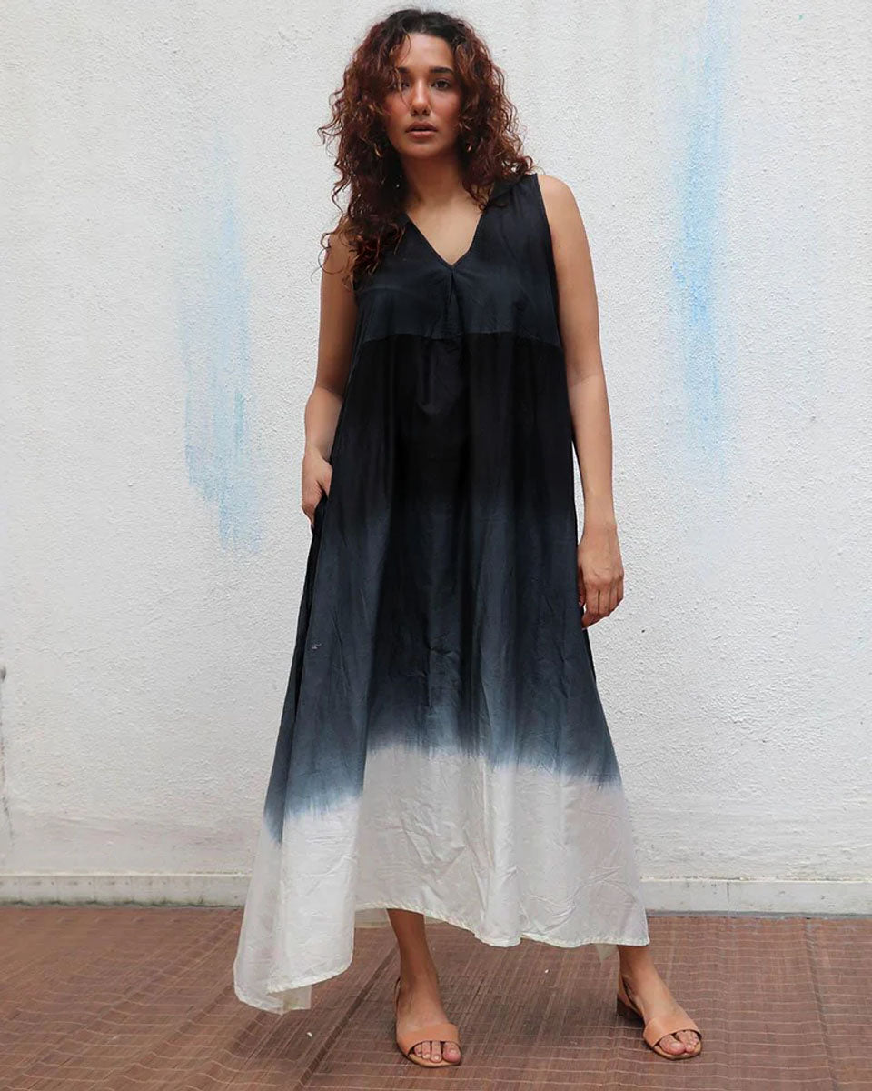 Blackberry Matcha Handblock Printed Cotton Dress - Mono