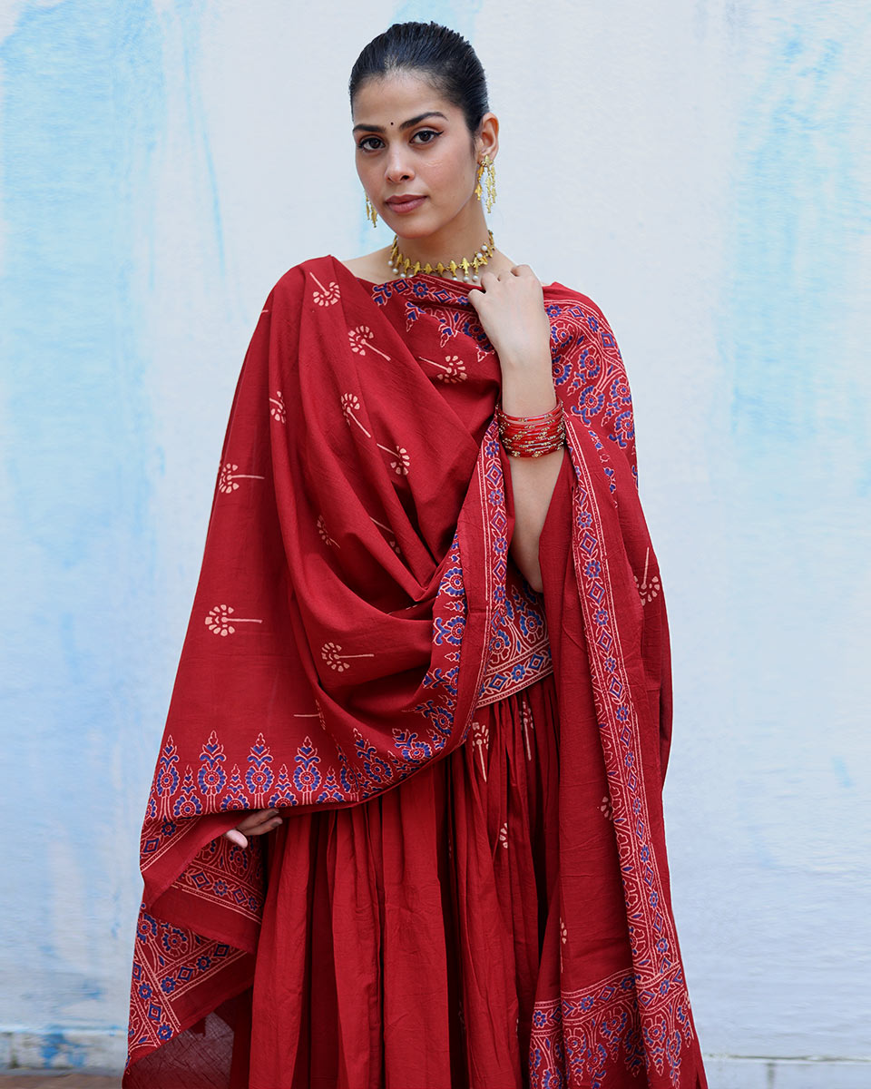 Chiraagh Red Handblock Print Cotton Dupatta - RSH