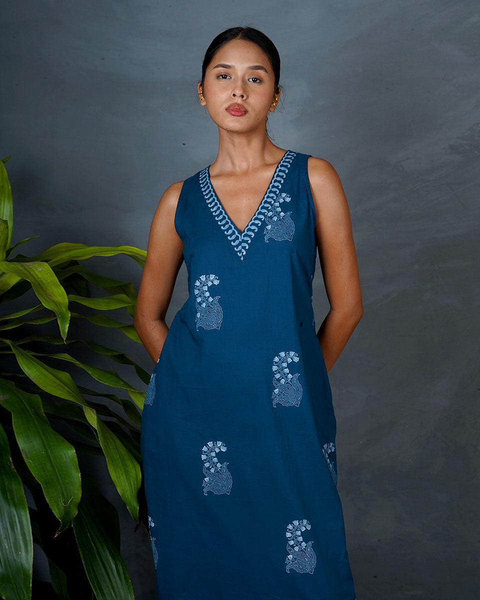 Neeraja Teal Green Hand Block Printed Dress-MYA