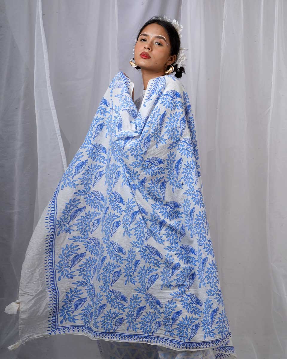 Milu Blue Hand Block Printed Dupatta-BAD