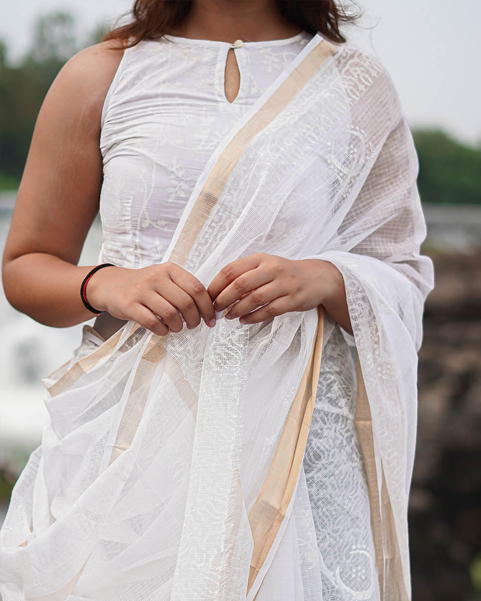 Milk Glass Kota Doria Ivory Block Printed Saree - SFD