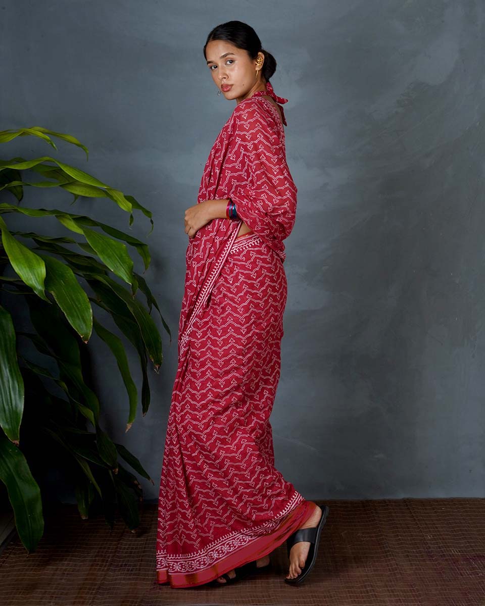 Roopika Red Hand Block Printed Saree-MYA