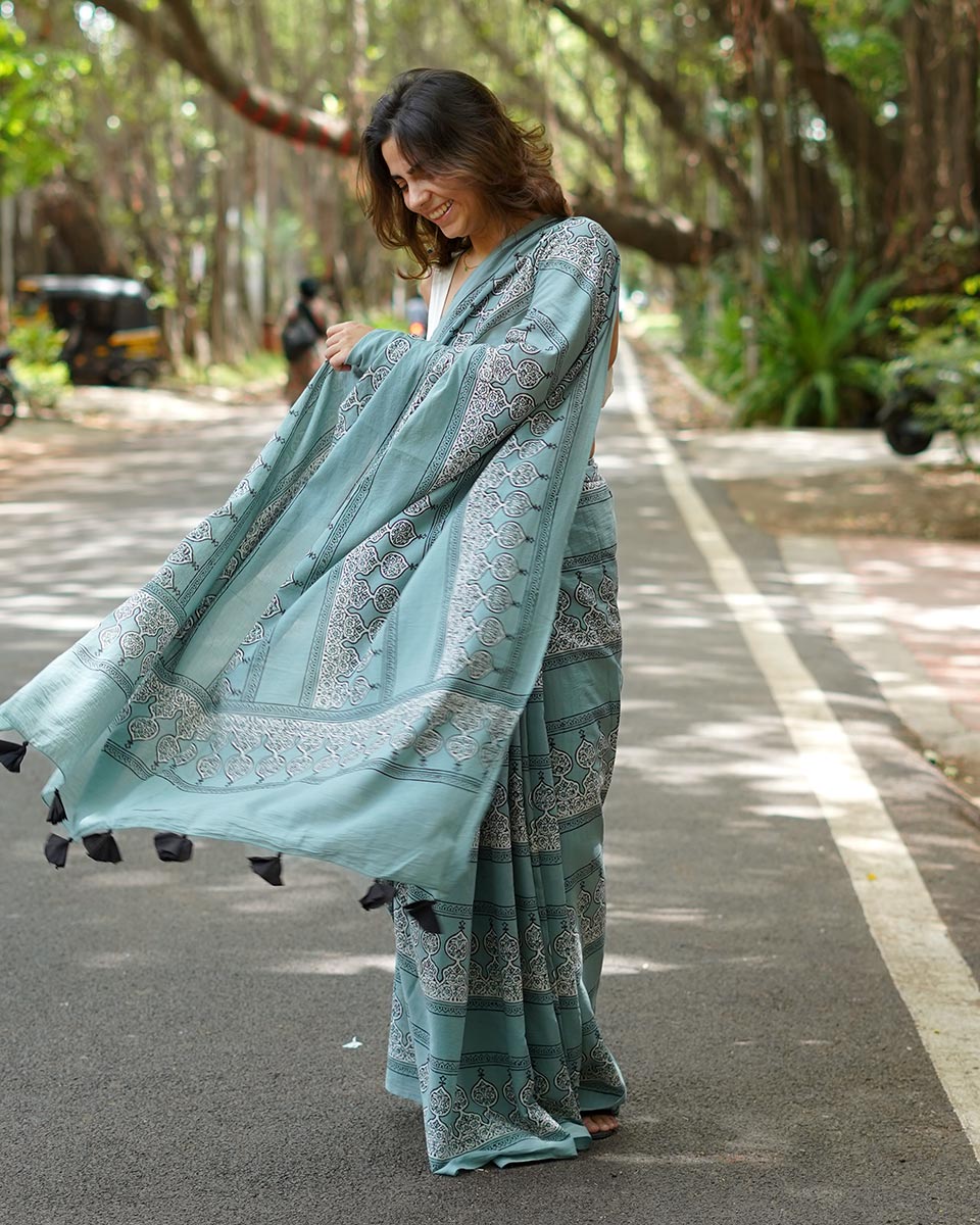 Misri Mist Blue Handblock Print Cotton Saree - PBC
