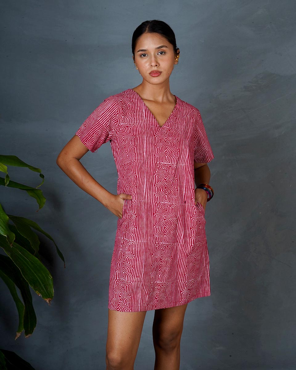 Nivara Red Hand Block Printed Dress-MYA