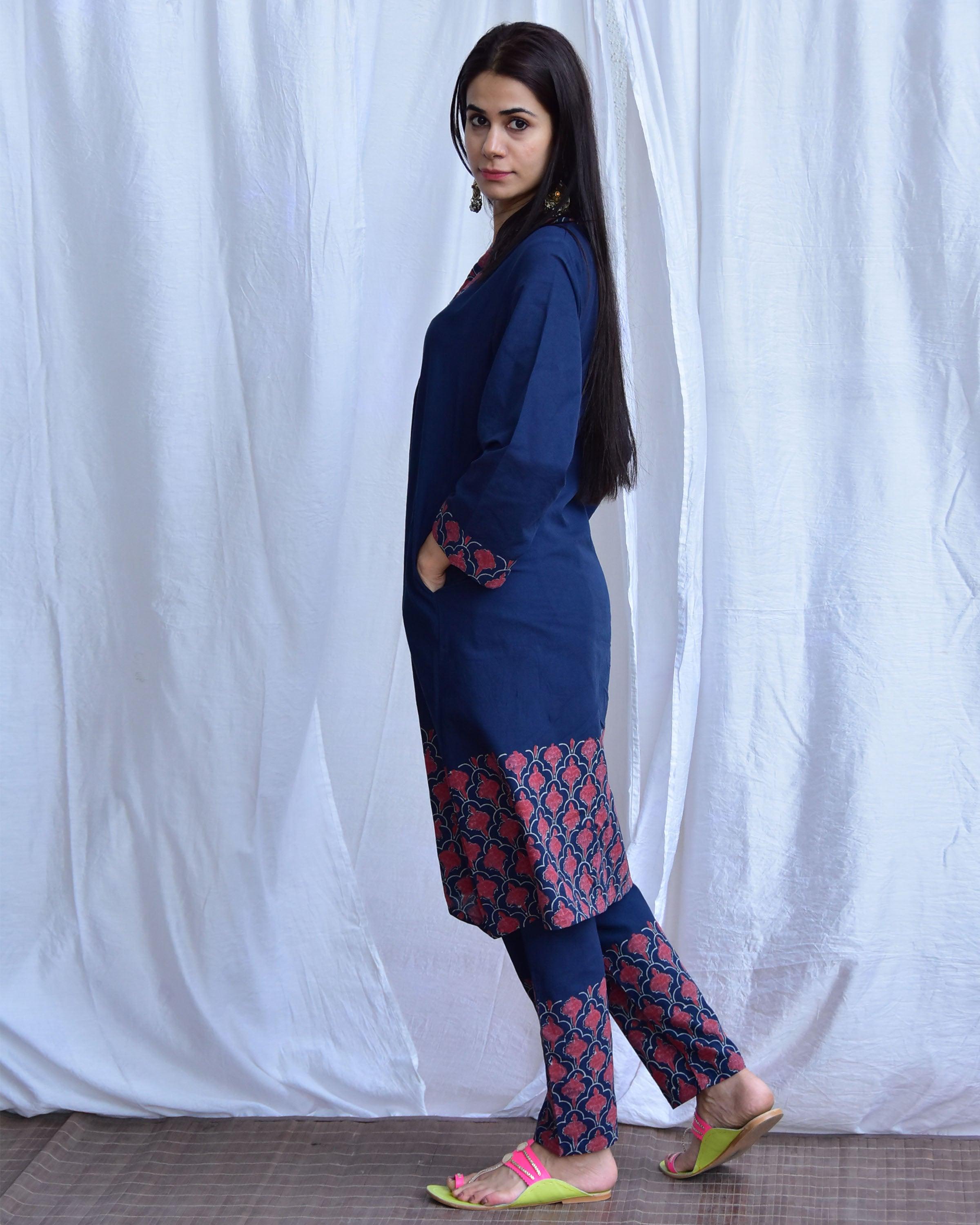 Starry Bloom Blue Hand block printed Cotton Kurta - LD