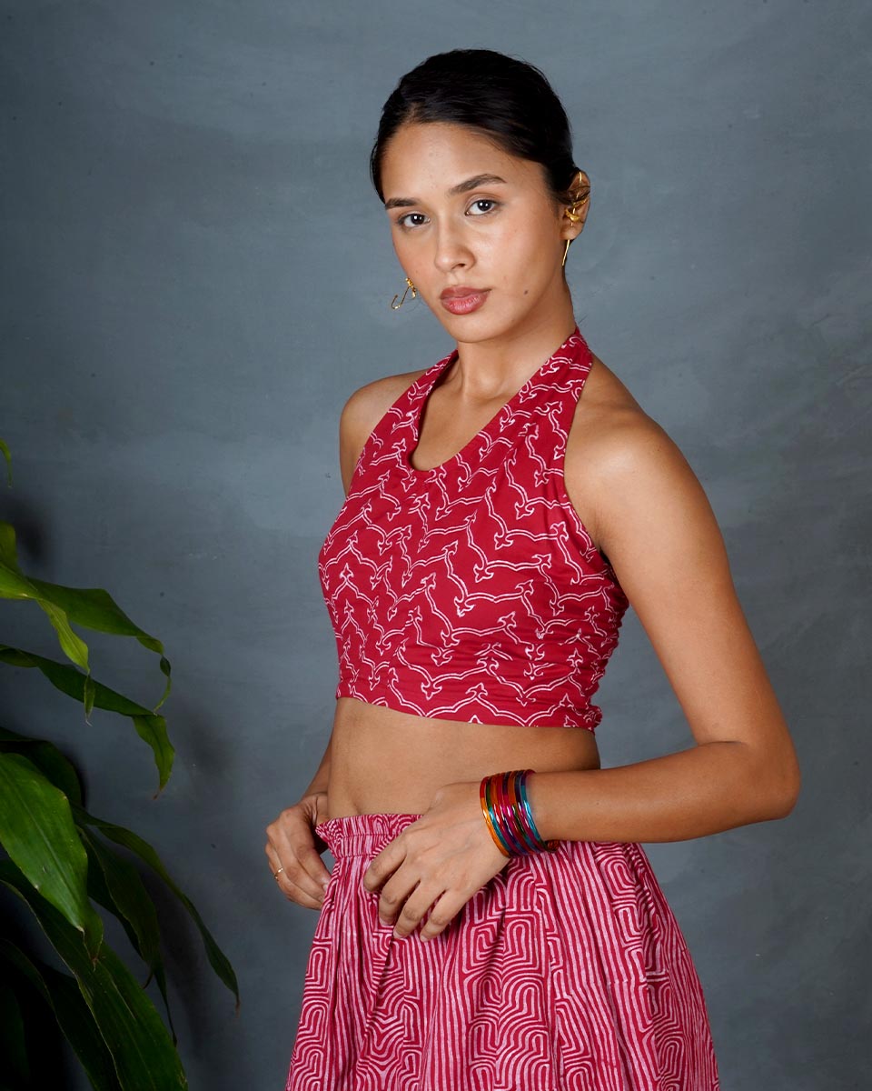 Smriti Red Hand Block Printed Top-MYA