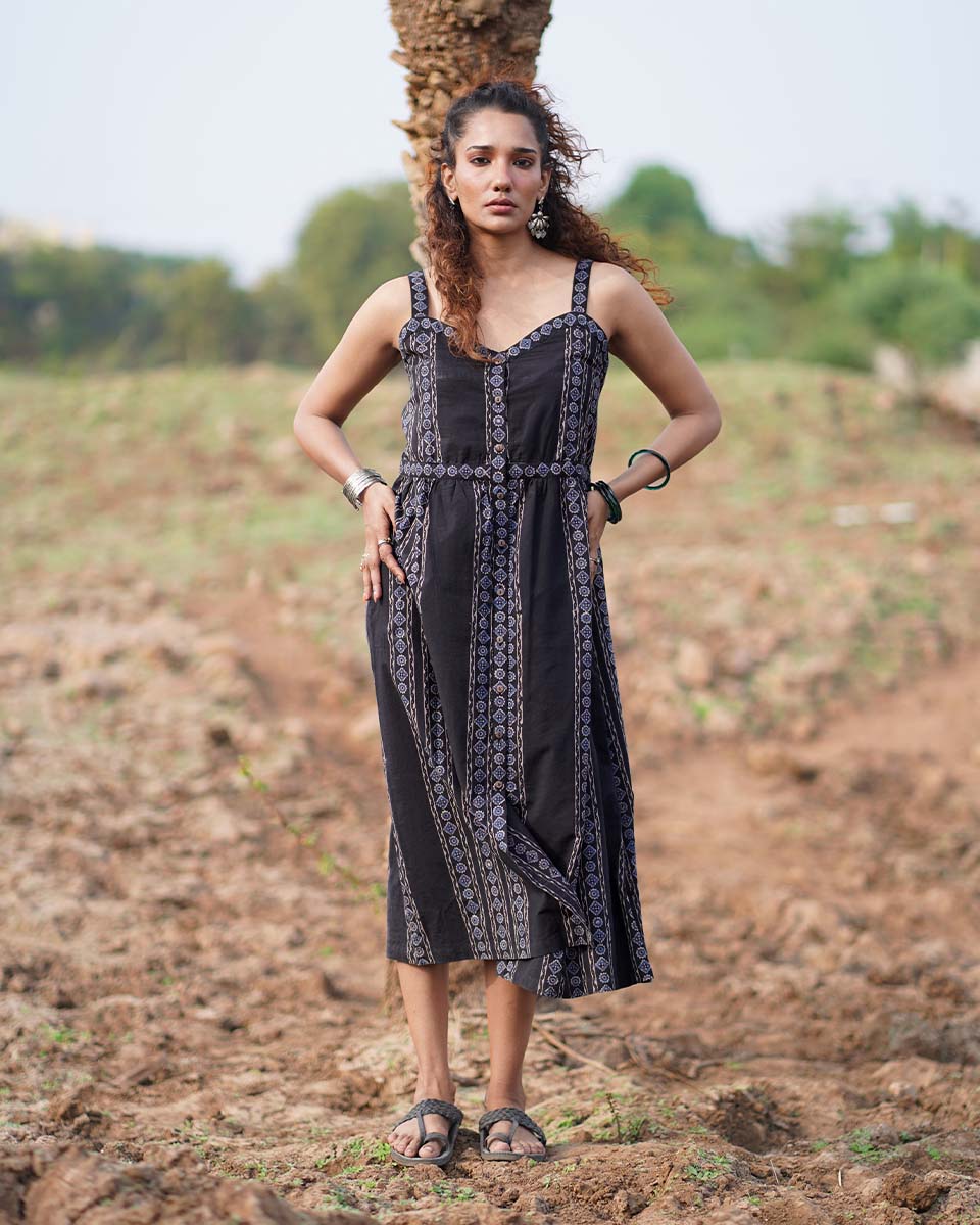 Soft Moonlight Blockprinted Cotton Dress-WWB