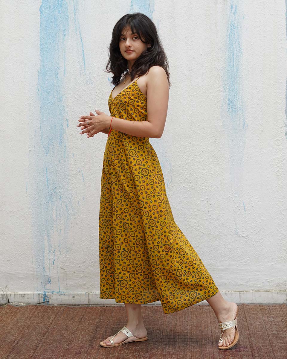 Worm Moon Yellow Handblock Print Cotton Dress - MNCH