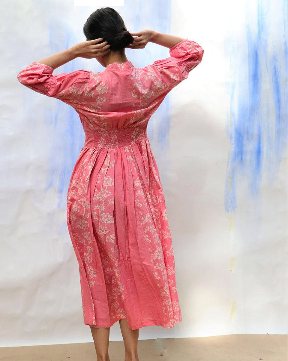 Pink Handprinted Front Open Pure Cotton Dress -Skd