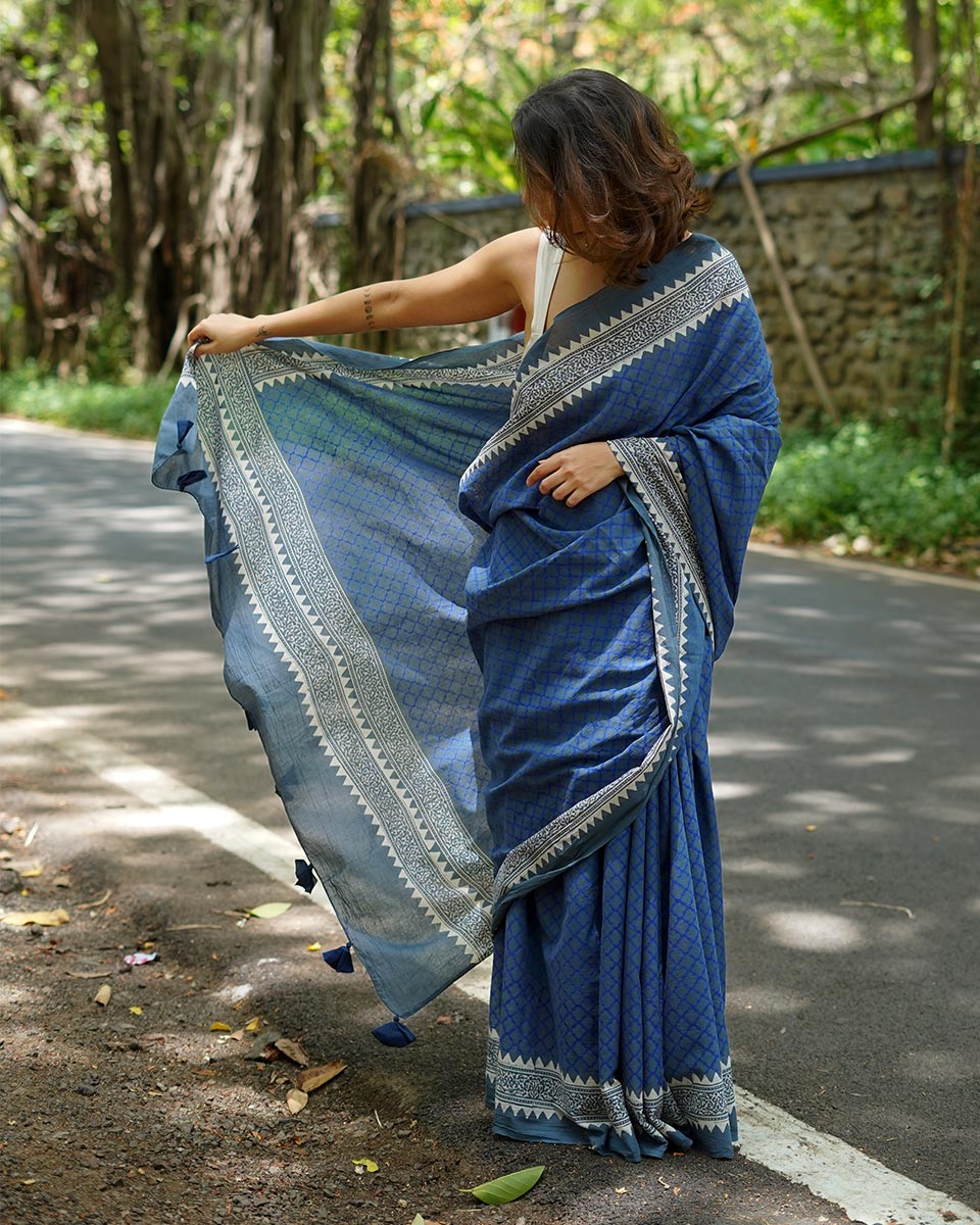 Butterflypea Pudding Blue Handblock Print Cotton Saree - PBC