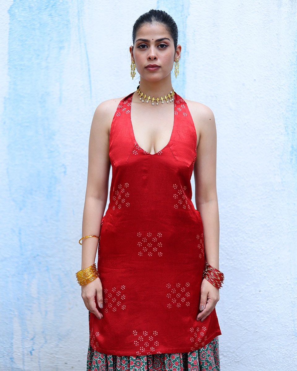 Aabha Red Handblock Print Mashru Silk Kurta - RSH