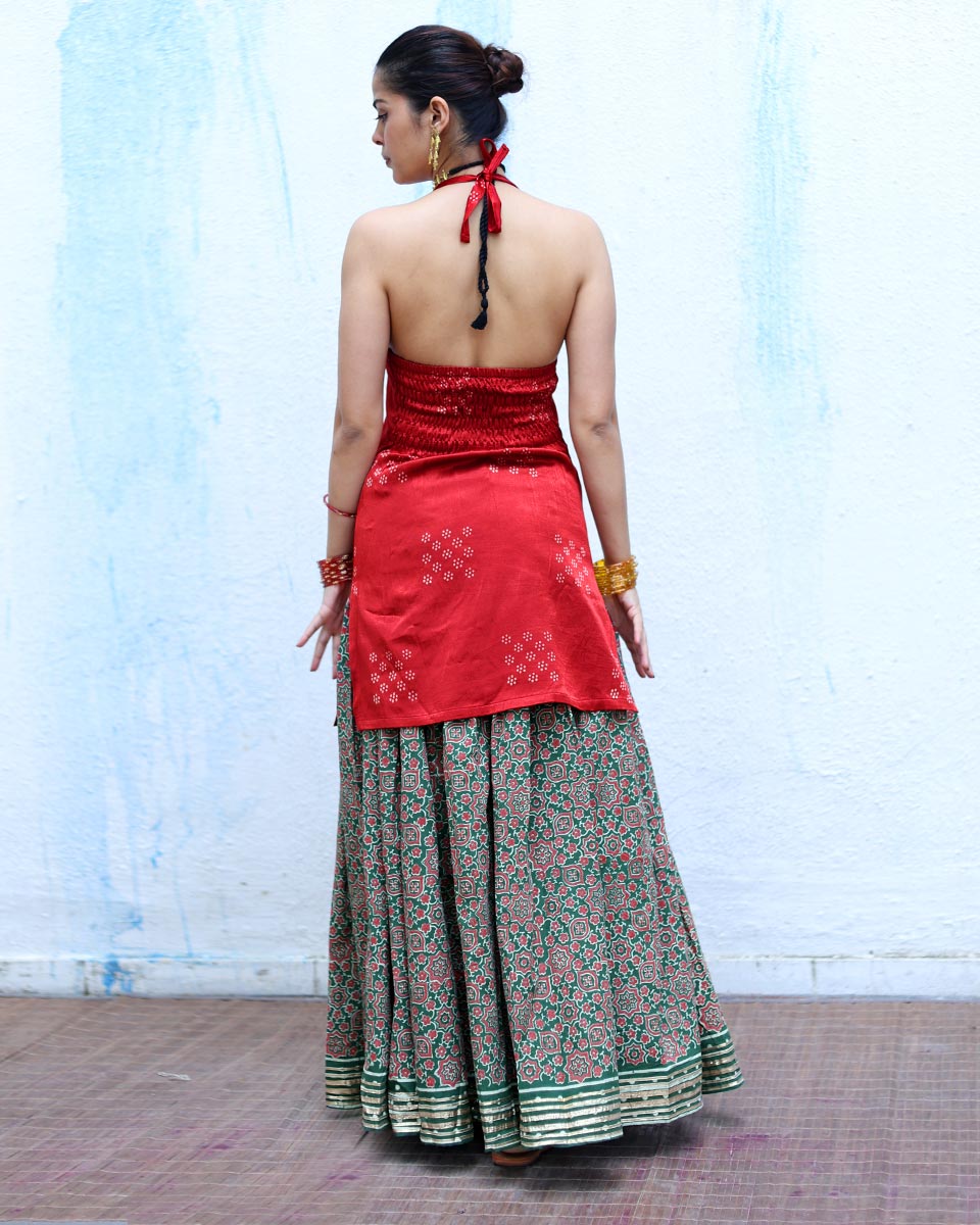 Jhilik Green Handblock Print Cotton Ghagra - RSH