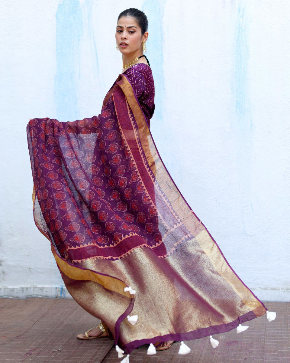 Sitara Purple Handblock Print Linen Saree - RSH