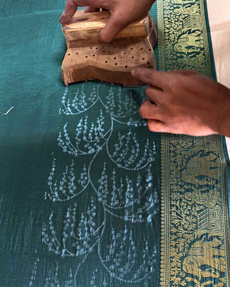 Madhurima Green Block printed Dola Silk Saree - RB