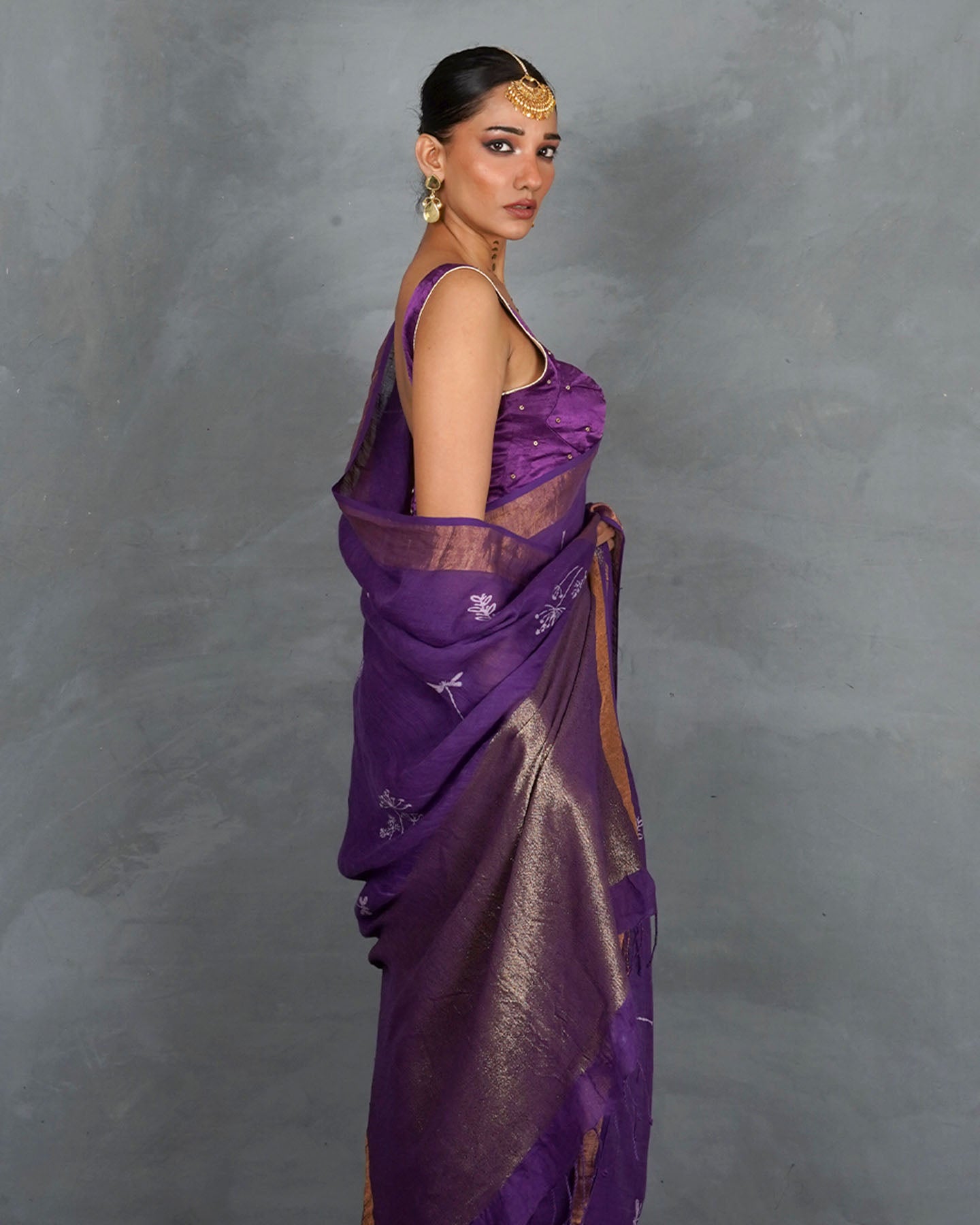 Noori Royal Purple Handblock Linen Saree - TARA