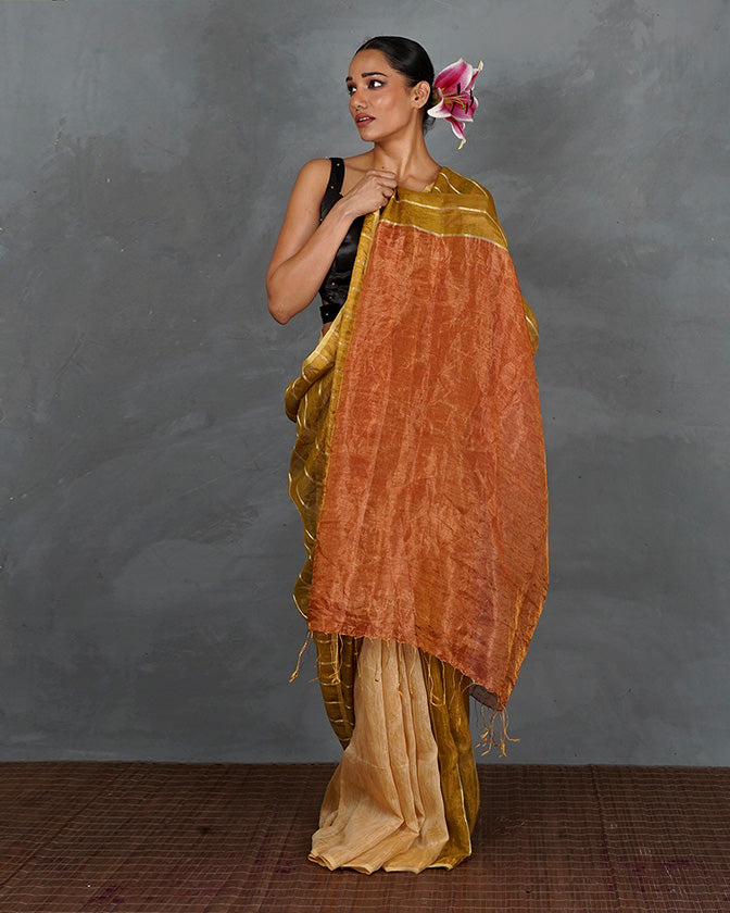 Catch Stars Mustard Gold Handwoven Linen Saree - TARA