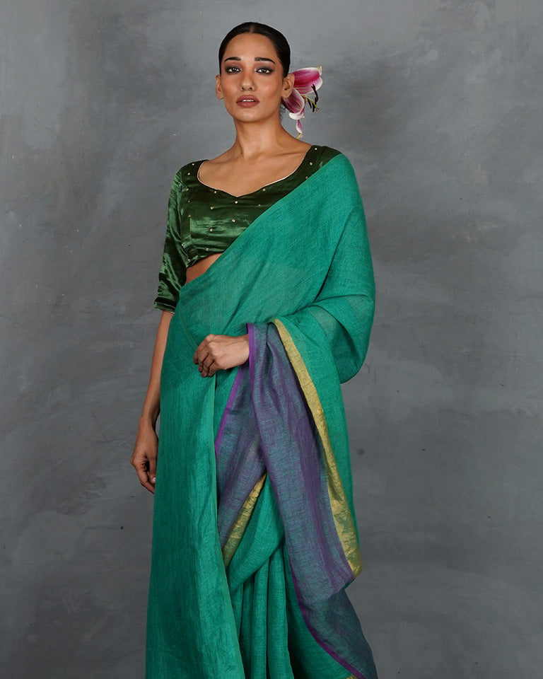 Shimmer On Green Handwoven Linen Saree - TARA
