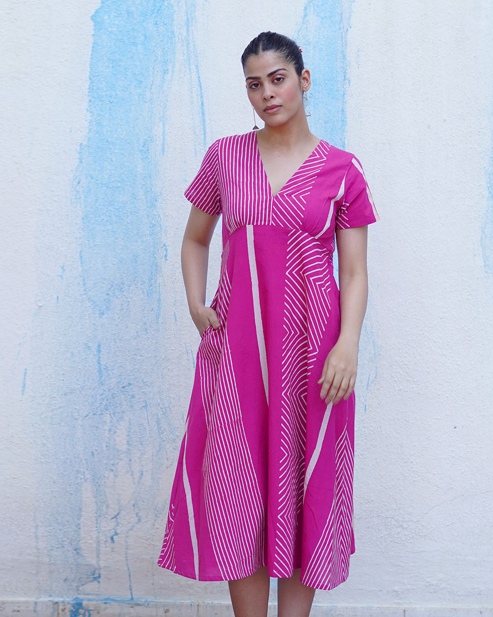 Bulbul Pink Handblock Print Cotton Dress - BFG