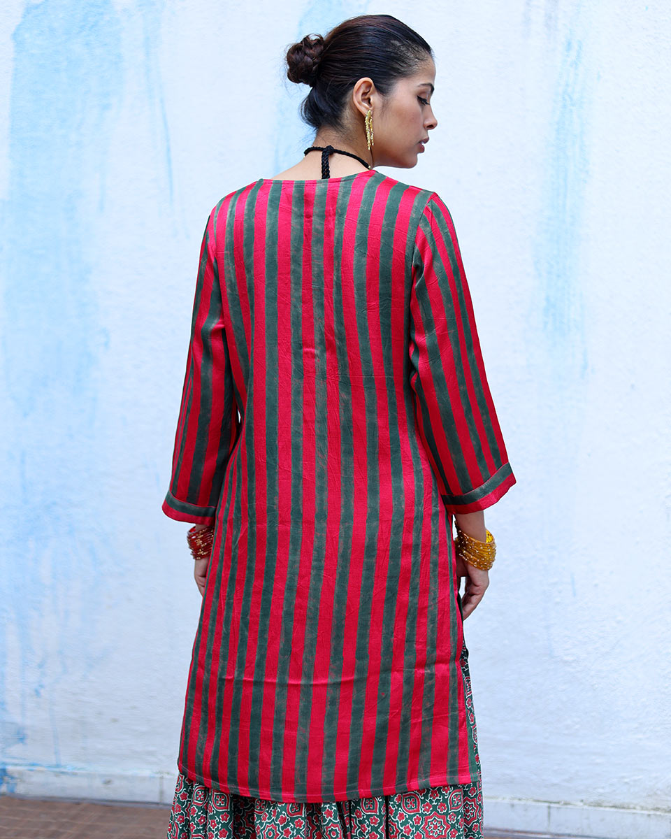 Kaumudi Red Handblock Print Mashru Silk Kurta - RSH