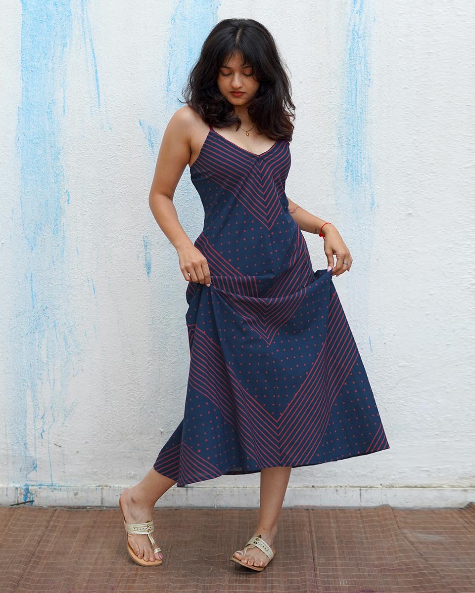 Wolf Moon Blue Handblock Print Cotton Dress - MNCH