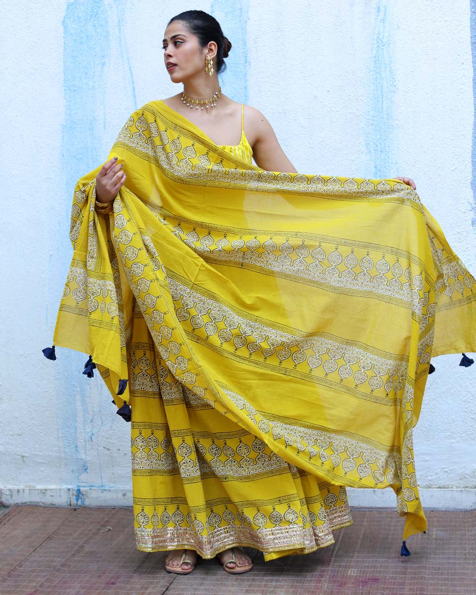 Mehruma Yellow Handblock Print Cotton Dupatta - RSH