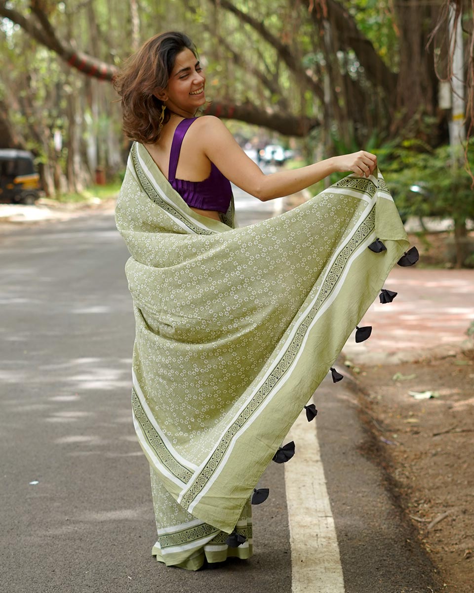 Kesar Phirni Olive Green Handblock Print Cotton Saree - PBC