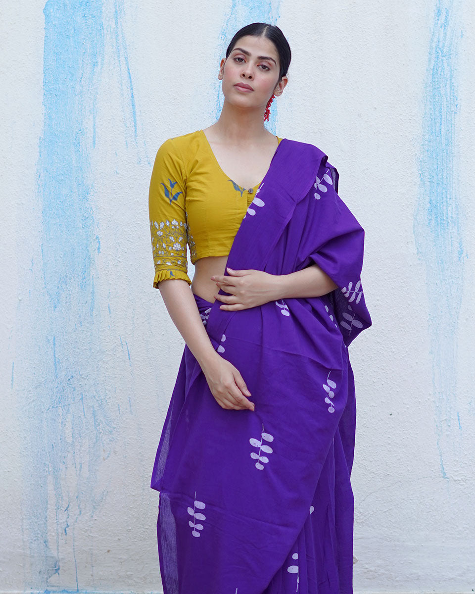 Kuhu Purple Handblock Print Cotton Saree - BFG
