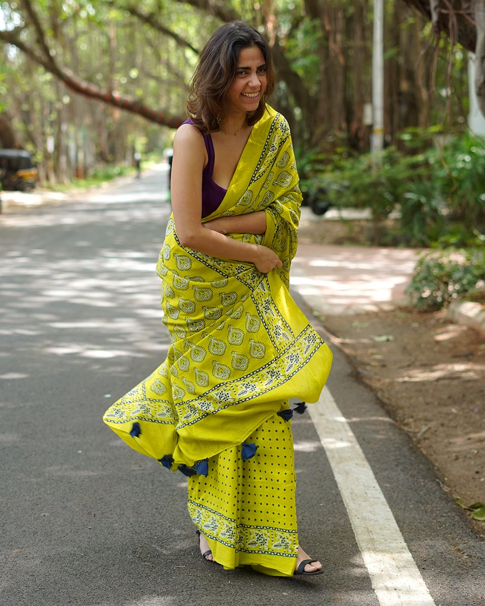 Kaccha Aam Toffee Yellow Handblock Print Cotton Saree - PBC