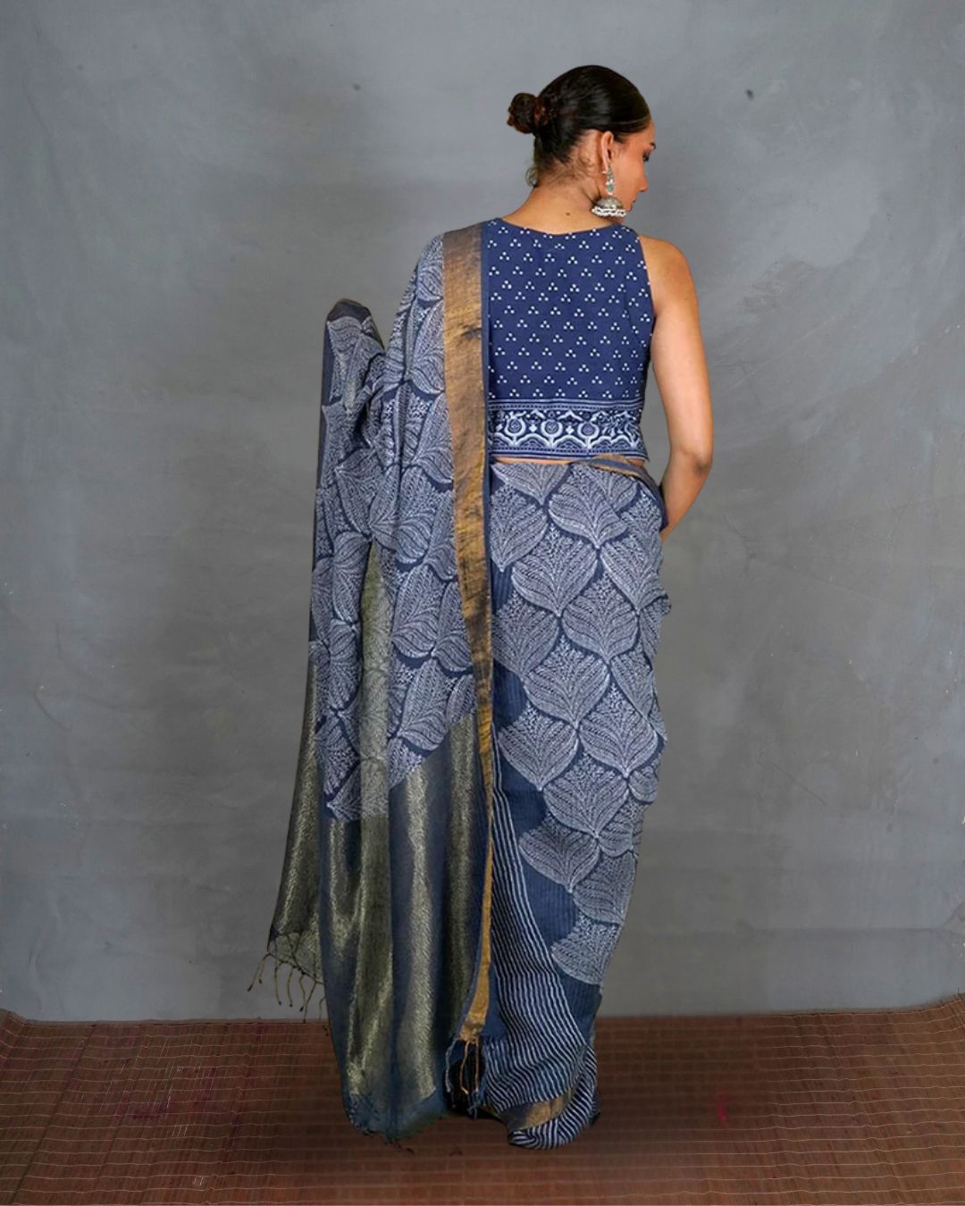 Malhari Blue Handblock Print Linen Saree - INDI