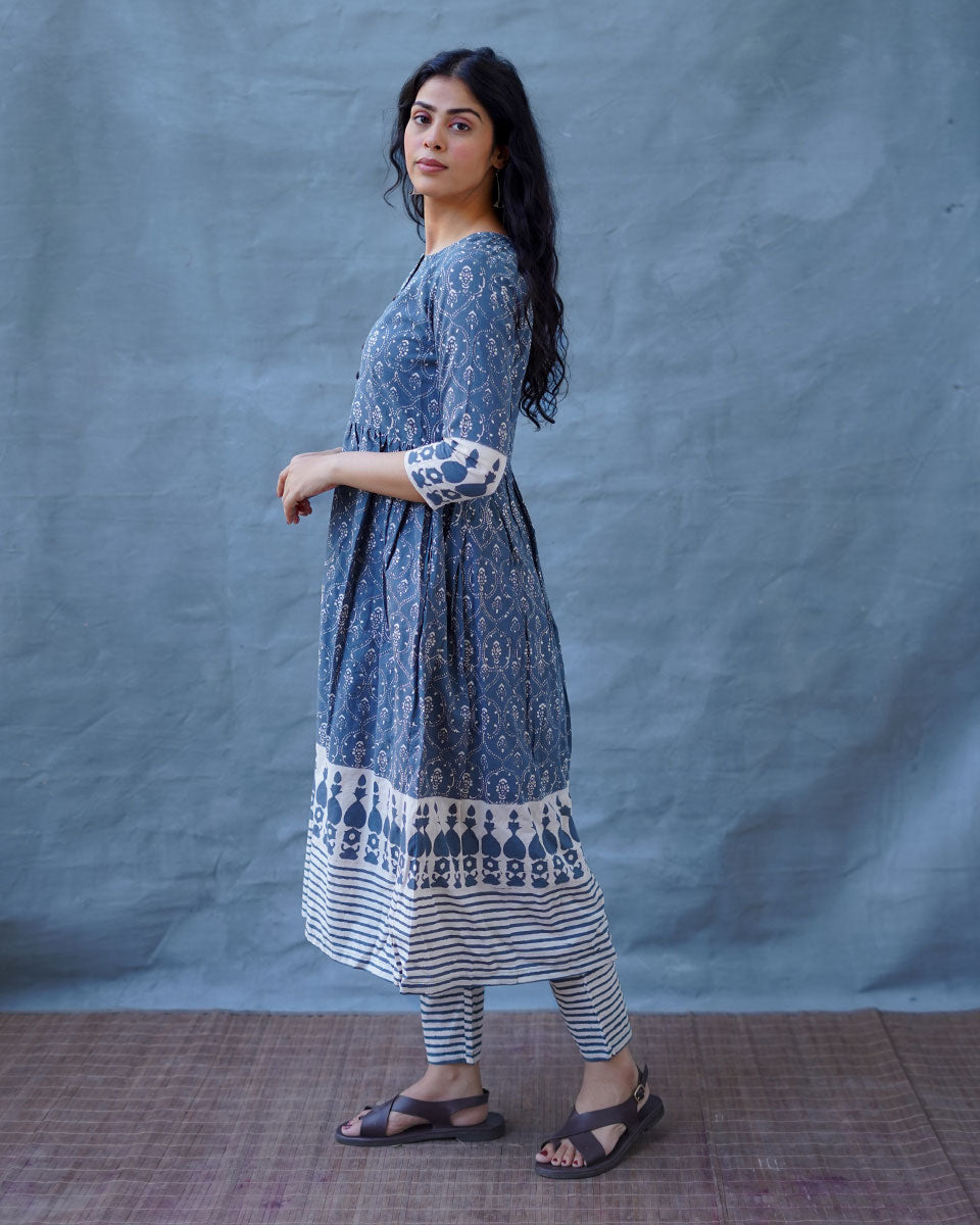 Hollow Dusk Grey Block Printed Kurta Set - BMS