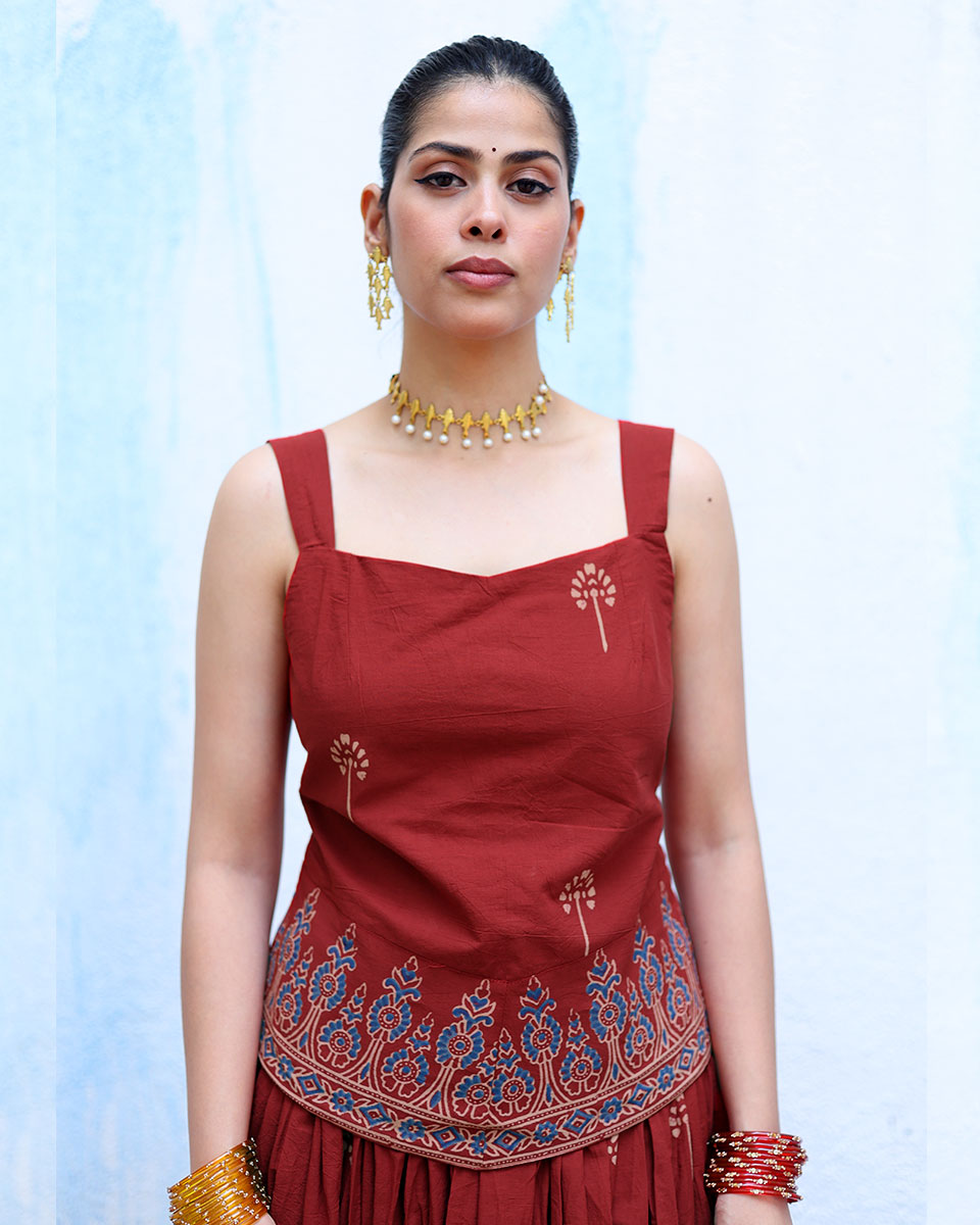 Mahtaab Red Handblock Print Cotton Top - RSH